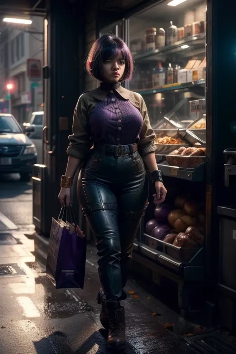 CR1.3, nsfw , photo of 21 years old busty girl, (olive skin:1.25)  , Plump body, (Purple Shag haircut haircut:1.2), 1girl, (Walking pose cumming:1.3), Brown wool Cropped pants, Maroon tiny Peter Pan Collar Shirt, at grocery store shopping trip, food shoppi...