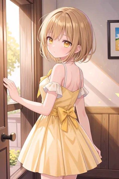 anime girl in yellow dress looking out a window