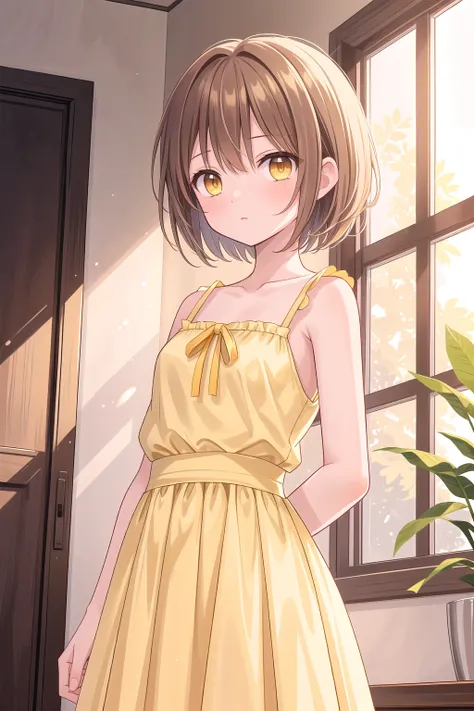 anime girl in yellow dress standing in front of a window