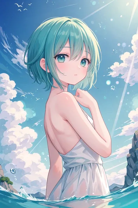 (masterpiece), oudoors, sunlight, light particles, 1girl, short hair, green hair, (aqua eyes:1.2)