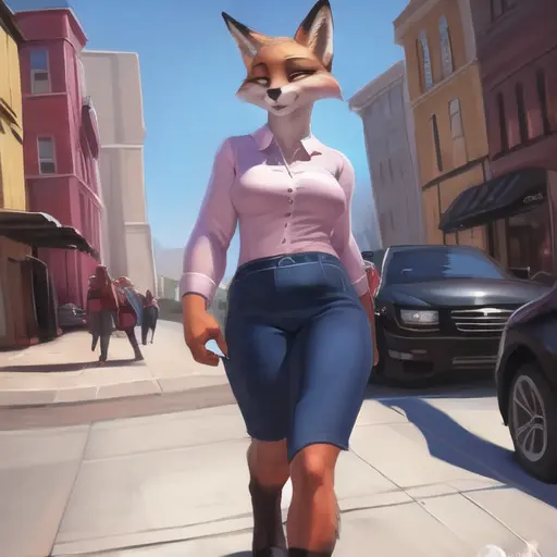 fox anthro, pixelsketcher, female fox anthro, chunie, highdetail, personalami, clothes, walking through city, looking at viewer,