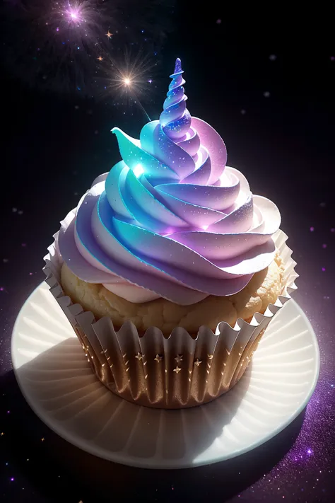 Mystical glowing unicorn cupcakes floating in nebula dust,  from above, ambient moonlight, enchanted sparkle, ultra details, photorealistic, realistic, fairy dust lighting, Fantasy, Filmic, medium shot, 4k, Cinematic Lighting, volumetric Light, Ray Tracing...