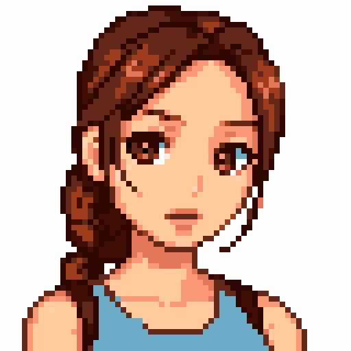 a pixel art of a woman with a ponytail in a blue top