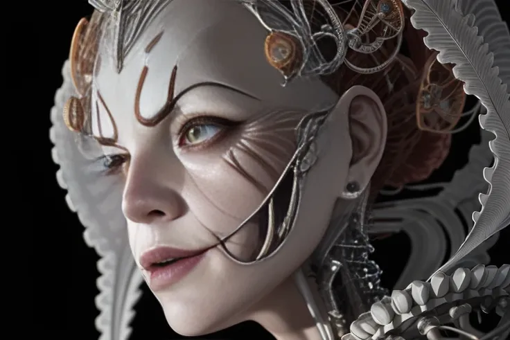 pennywise the clown as a complex , fascinating biomechanical cyborg  with a delicate fragile porcelain profile  face, analog, 15...