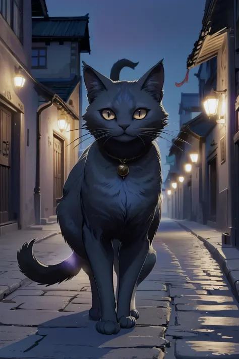 A curious cat spirit, with translucent whiskers, prowling the alleys of an old town at dusk.<lora:EnvySpiritXL01-cute:1>