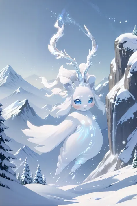 A gentle snow spirit, sparkling white, drifting slowly over a snowy mountaintop.<lora:EnvySpiritXL01-cute:1>