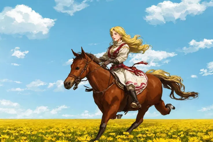 1woman galloping on a horse through a field of flowers, puffy clouds in the sky, golden hour