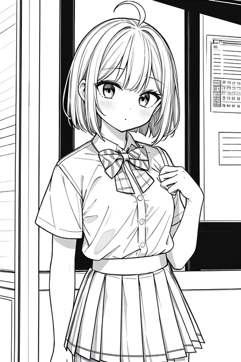 anime girl in school uniform standing in front of a window