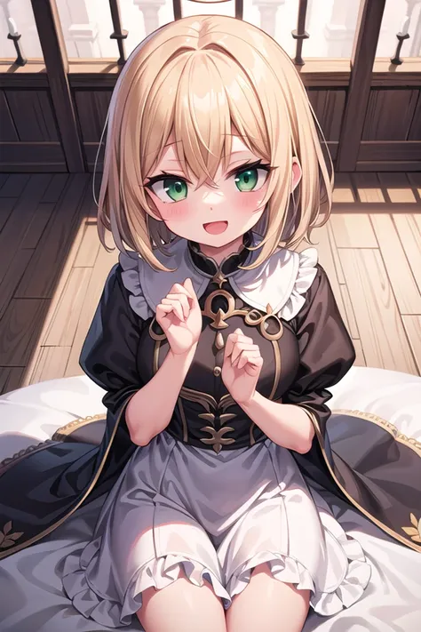 anime girl sitting on a bed with a black cape and green eyes