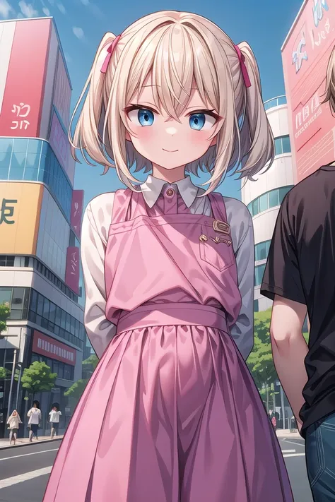 anime girl in pink dress standing in front of a man in black shirt