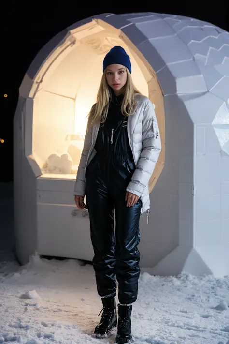 arafed woman standing in front of a snow igl with a blue hat