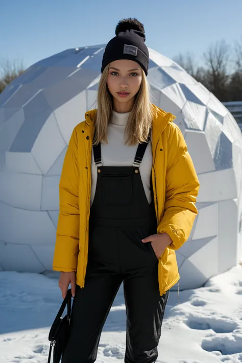 a woman in a yellow jacket and black overalls standing in the snow