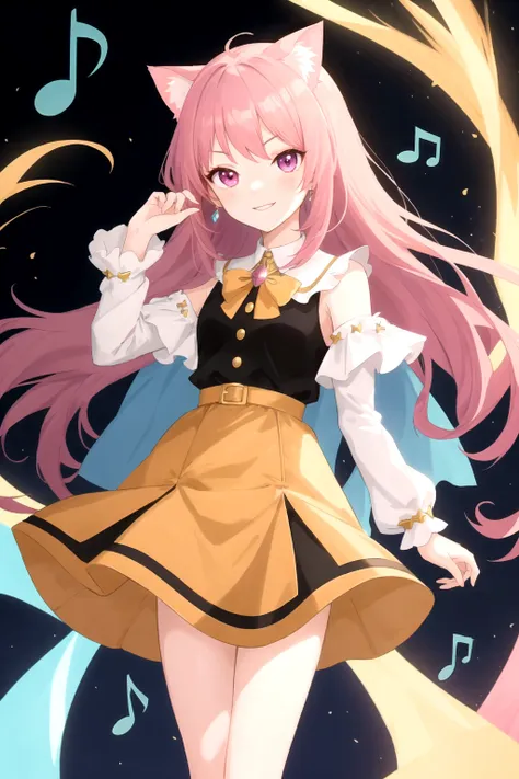 anime girl with long pink hair and a cat ears in a dress