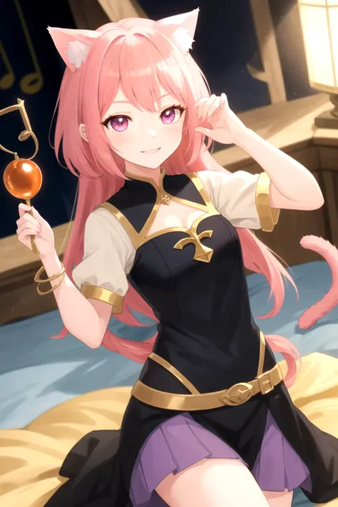 anime girl with pink hair and cat ears holding a cat's tail