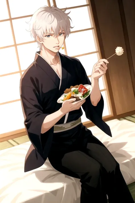 anime guy in black outfit eating food on bed with a plate