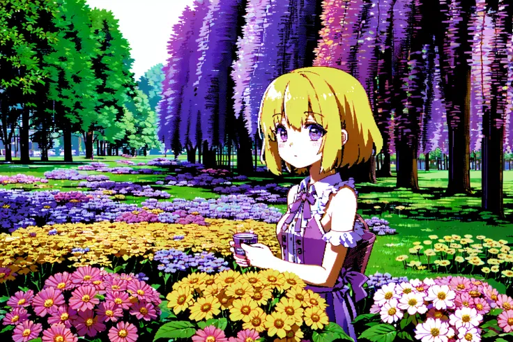 absurdres, highres, best quality, <lora:c64Graphics_v10:1>, <lora:Polychrome:1>, 1girl, outdoors, filed, flowers, colorful, purple and green theme,