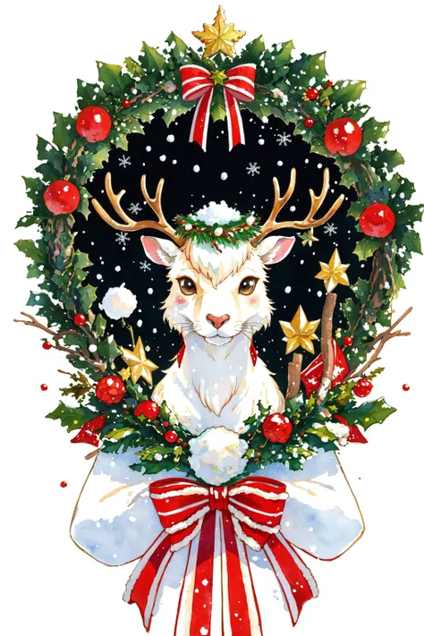 a white deer with antlers and a wreath of holly leaves