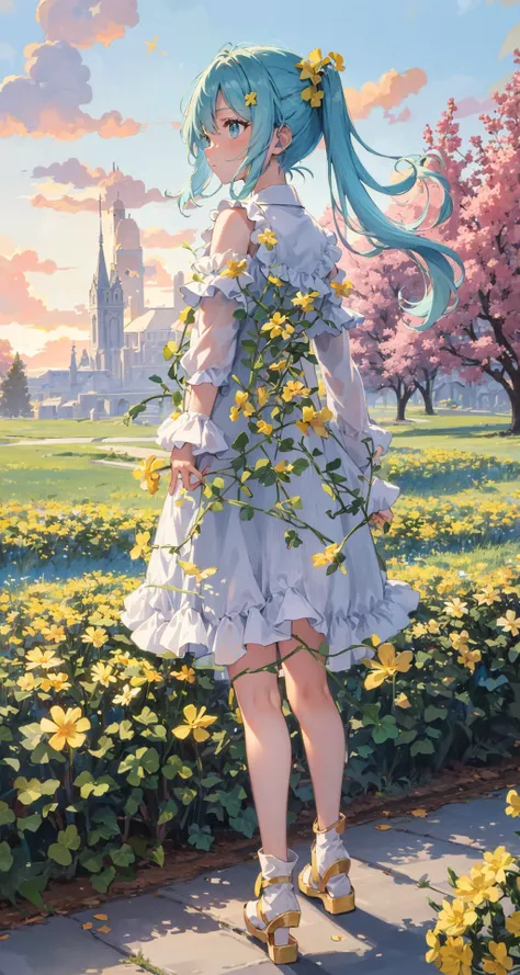 masterpiece:1.4, best_quality:1.4, yellow flower plain, Full body, short twintail, (light blue hair), white shirts with pink clover pattern and gold trim, (short green skirt), dawn sky, plenty cloud, waist on wings, shooting star, acient tower seen from af...