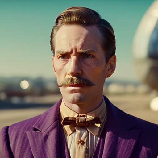 (35mmstyle:1) artstyle close up portrait photo Film still of a man timetraveler from the 1900s in the year 2020, a Spaceship is in the background out of focus, Cool, Saturated, Purple, Mystery, Science Fiction, 35mm, vintage film still
