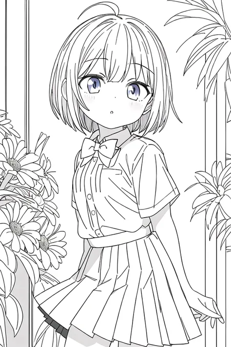 masterpiece, best quality, 1girl, solo, long_hair, looking_at_viewer, monochrome, lineart,
<lora:animeLineartMangaLike_v30MangaLike:0.8>,
in schoolyard, summer school uniform with bowtie, (shirt:1.4), (pleated skirt:1.3), (bowtie:1.4), short sleeves,,  (sh...