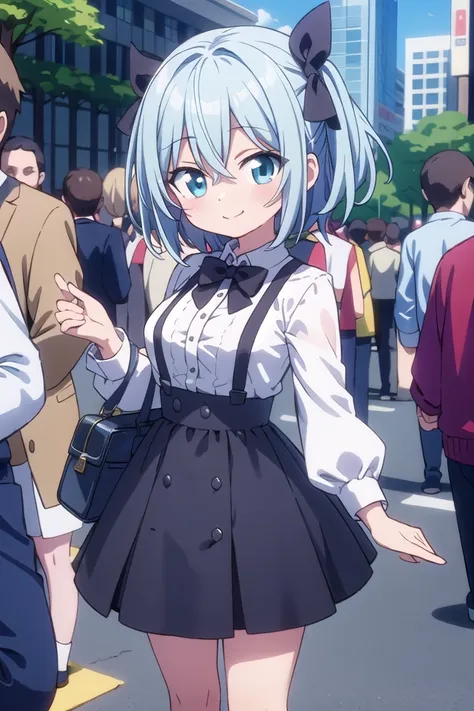 anime girl in a school uniform standing in a crowded street