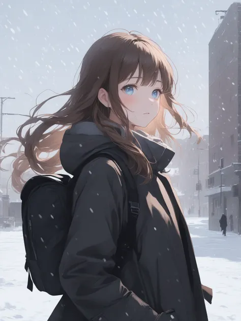 Girl, long straight brown hair with bangs, blue eyes, looks at the viewer, blush, dressed in a black coat, wears a black backpack on her back, flowing hair, wind, stands outside in the snow, snow, winter, snow is falling, blizzard, hands in pockets, its li...