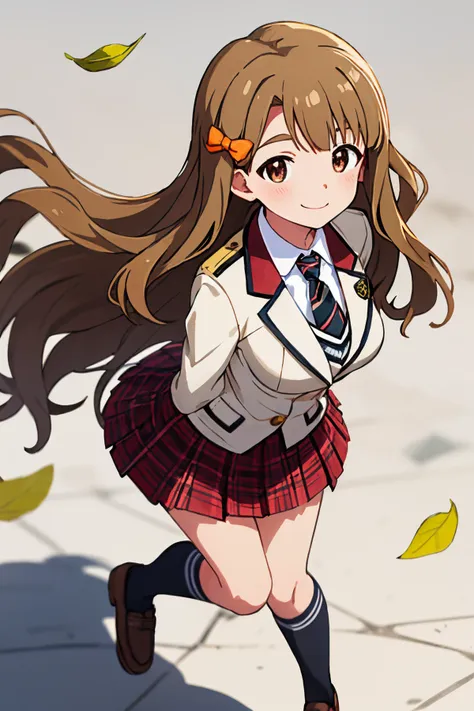 anime girl in a school uniform running on a sidewalk