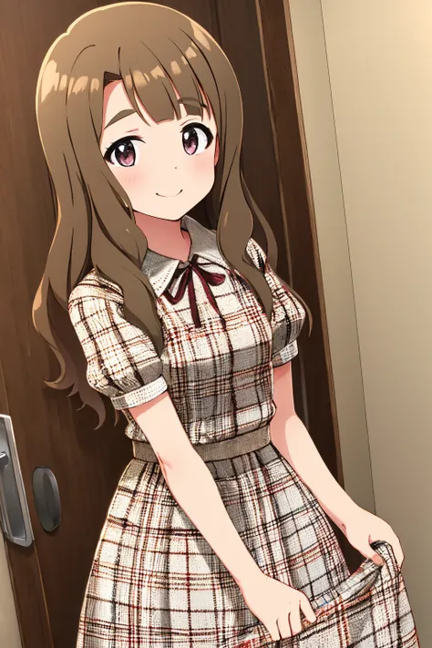 anime girl in plaid dress holding a purse in front of a door