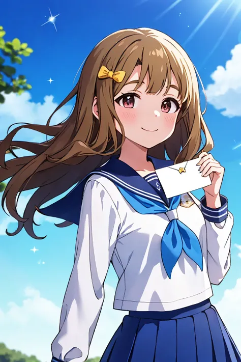 anime girl in sailor outfit holding envelope and looking at camera