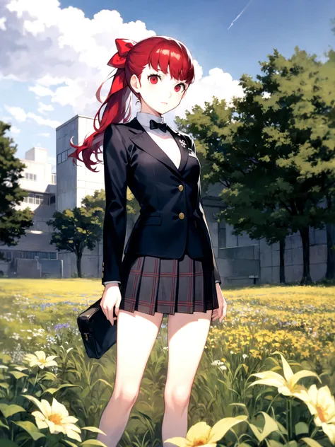 masterpiece, best quality, 1girl, solo, dskasumi, red hair, long hair, ponytail, red eyes, hair bow, small breasts, blazer, skirt, school uniform, shuujin academy uniform, standing, outdoors, flower field, day, detailed background, cowboy shot, (soejima sh...