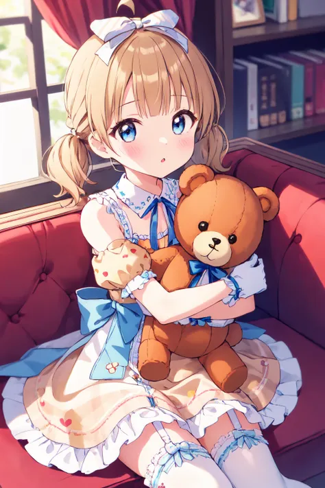 anime girl sitting on a red couch holding a teddy bear