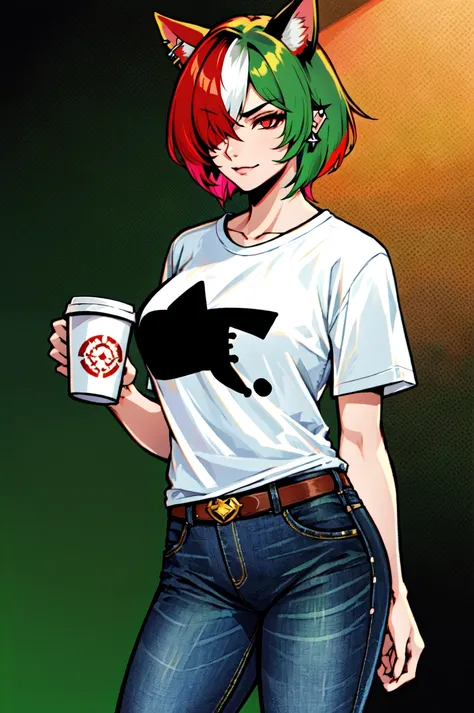 anime girl with green hair and red hair holding a cup of coffee