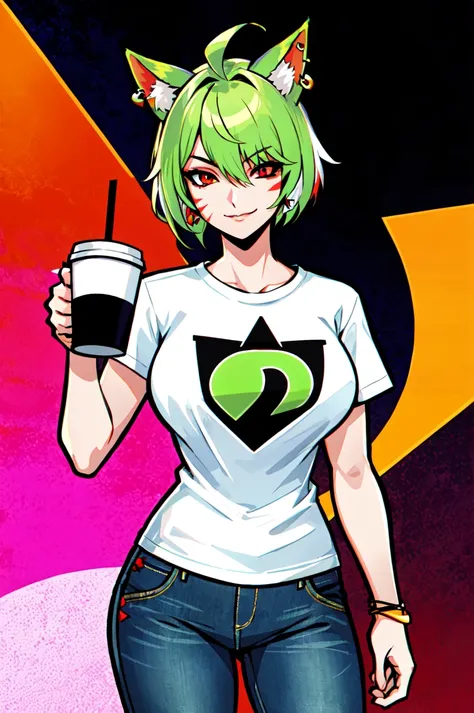 anime girl with green hair and cat ears holding a drink