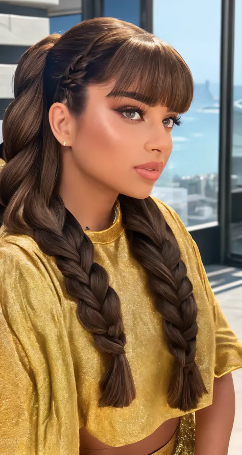 a woman with long hair and a gold top is looking into the distance