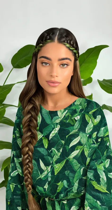 a woman with long hair wearing a green leaf print top