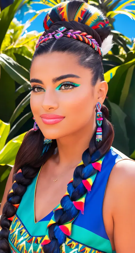 a woman with a colorful dress and a braid in her hair