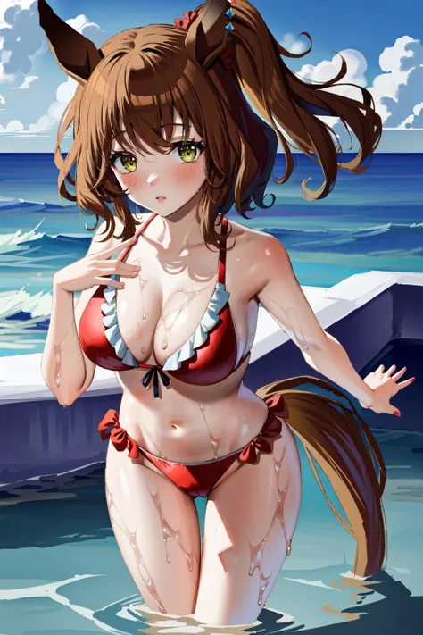 masterpiece, best quality, best aesthetic, ultra-detailed, aston machan (umamusume), red bikini, frilled, frilled bikini, cleavage, bare shoulders <lora:aston_machan_lora:0.9>, cowboy shot, nice hands,  <lora:nice_hands:1>, arms behind back, pov, thigh gap...