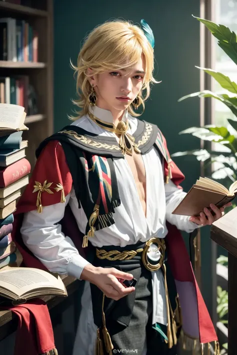 masterpiece, best quality,kaveh (genshin impact), 1boy, male focus, solo, blonde hair, looking at viewer, book, hair ornament, j...