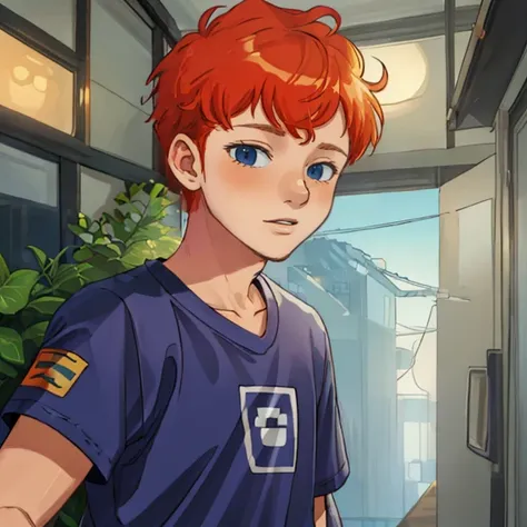 anime boy with red hair and blue eyes standing in a hallway