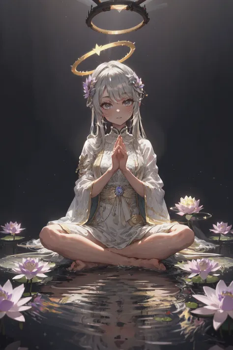 a woman sitting in the water with her hands crossed and a halo above her head