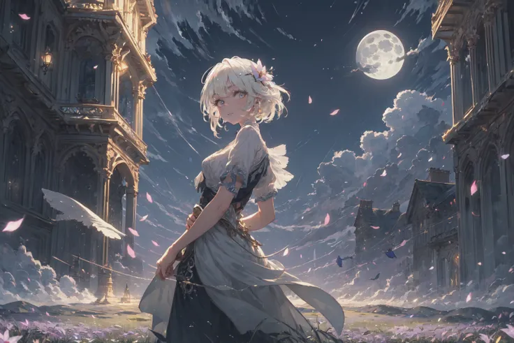 (masterpiece, best quality, detailed background, extremely detailed:1.4) BREAK  1girl, (colorful),(finely detailed beautiful eyes and detailed face), cowboy shot, white hair, solo, smile, intricate skirt, flying petal, Flowery meadow, cloudy sky, building,...