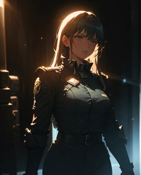 (grainy:0.5), cinematic,girl,adult, space, serious, military pose,detailed face, detailed military outfit, volumetric lighting, isolation, horror, perfect anatomy, hyperrealistic, dark lighting, bioluminescent details