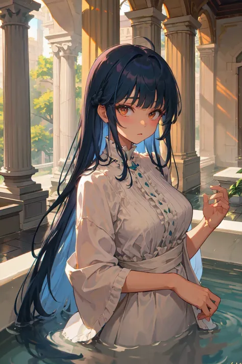 masterpiece, best quality, 1girl, upper body, blunt bangs, long hair, , blue hair, dress, frills, bath house, marble walls, marble pillars, , <lora:stwrb_v2-05:0.9>