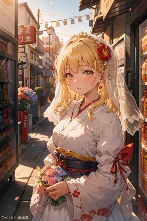 masterpiece, best quality, 1girl, upper body, bangs, medium hair, straight hair, blonde hair, wedding dress, puffy sleeves, veil, flower hair ornament, alleyway, vending machine, japanese vending machine, alley, , <lora:sttabi_v1.4-04:0.7:MAIN> <lora:mstmi...