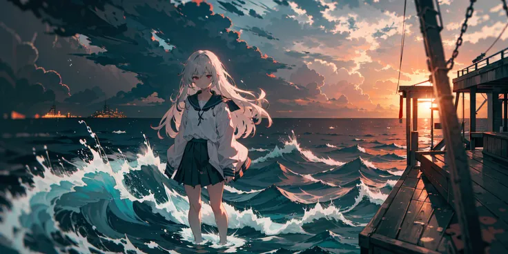 (1girl, solo, red eyes:1.2), standing, (ocean|sea), stormy weather, (lighthouse:0.5), (dark:1.1), windblown hair, wet clothes, raindrops, (lightning:0.7), city shore, [long hair, skirt, black and red color scheme],  <lora:epiNoiseoffset_v2:1>