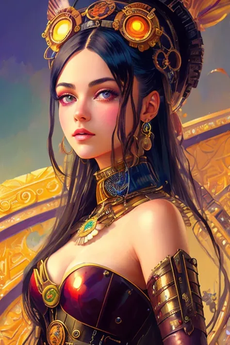 steampunk woman, highly detailed face and body portrait by wlop. fantasy art from dnd extremely beautiful style of ilya kuvshinov on greg rutkowski in the shell 1 9 7 0 s oil painting full length illustration sharp focus norman rockwell trending pixiv fanb...