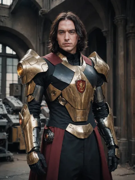 a young severus snape wearing a gryffindor uniform shaped like a futuristic mecha armor, black robe, gryffindor emblem, scifi armor mecha suit,  digital painting, pale skin,highly detailed face, black hair, dark background,warm colors, RAW candid cinema,16...