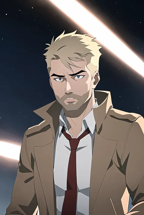 1boy, male focus, solo, blonde hair, necktie, facial hair, red necktie, shirt, trench coat, coat, white shirt, night, outdoors,  ((masterpiece)) <lora:dcau_fantasy_offset:1>