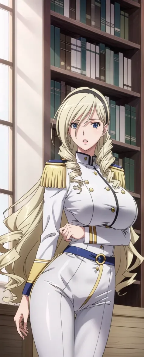 celia, (full body view), hairband, breast, looking at viewer, pussy, pink lips, blonde hair, (perfect ass, leggings:1), (perfect body), (narrow waist), long narrow legs, epaulets, unbuttoned white military uniform, library, seductive body shape