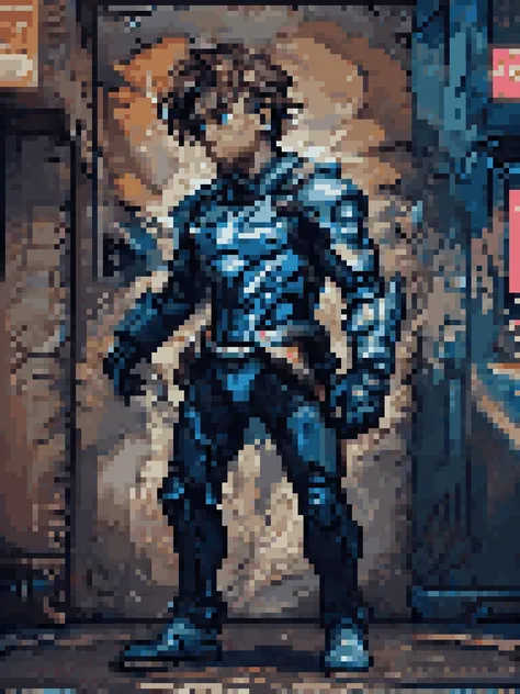 32-bit pixel art, cinematic still, hdr, man in a cyberpunk armored suit as he prepares for war in the streets, detailed background, <lora:Elixir:.7> <lora:ReaLora:.7> <lora:add_detail:.6> <lora:futurcombatsuit:0.8> futurcombatsuit,<lora:Neons:0.48>, Neonpu...